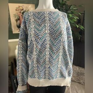 Vintage Patterned Knit Sweater - Blue, Brown, Cream